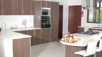 Full-sized fridge, oven, stovetop, coffee/tea maker
