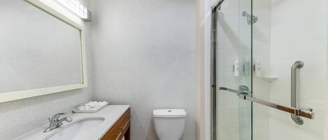 Une salle de bain avec une douche à parois de verre, des toilettes blanches et un meuble-lavabo avec un miroir.