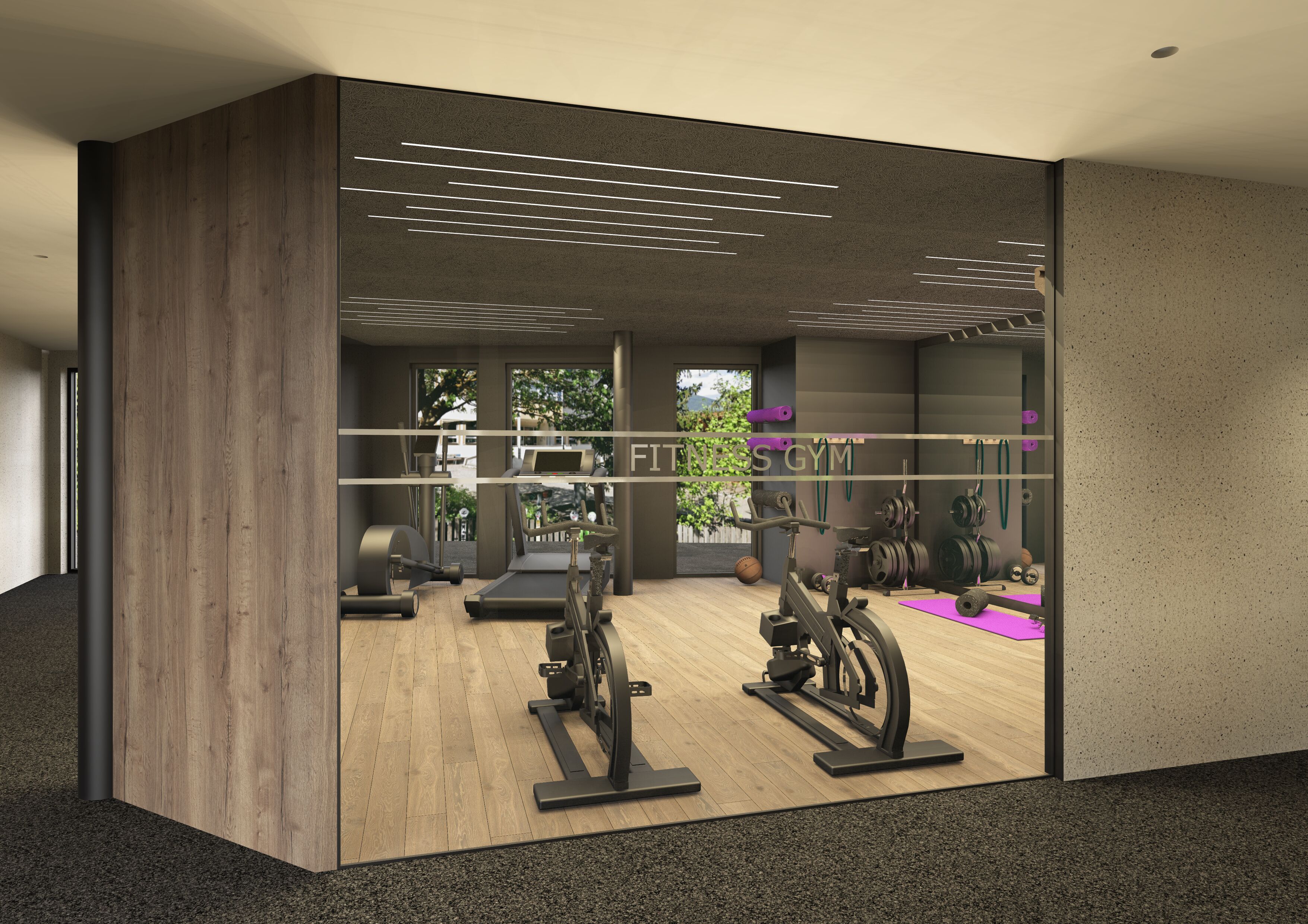 Una palestra moderna con attrezzature per esercizi, un pavimento in legno e vista sull'esterno.