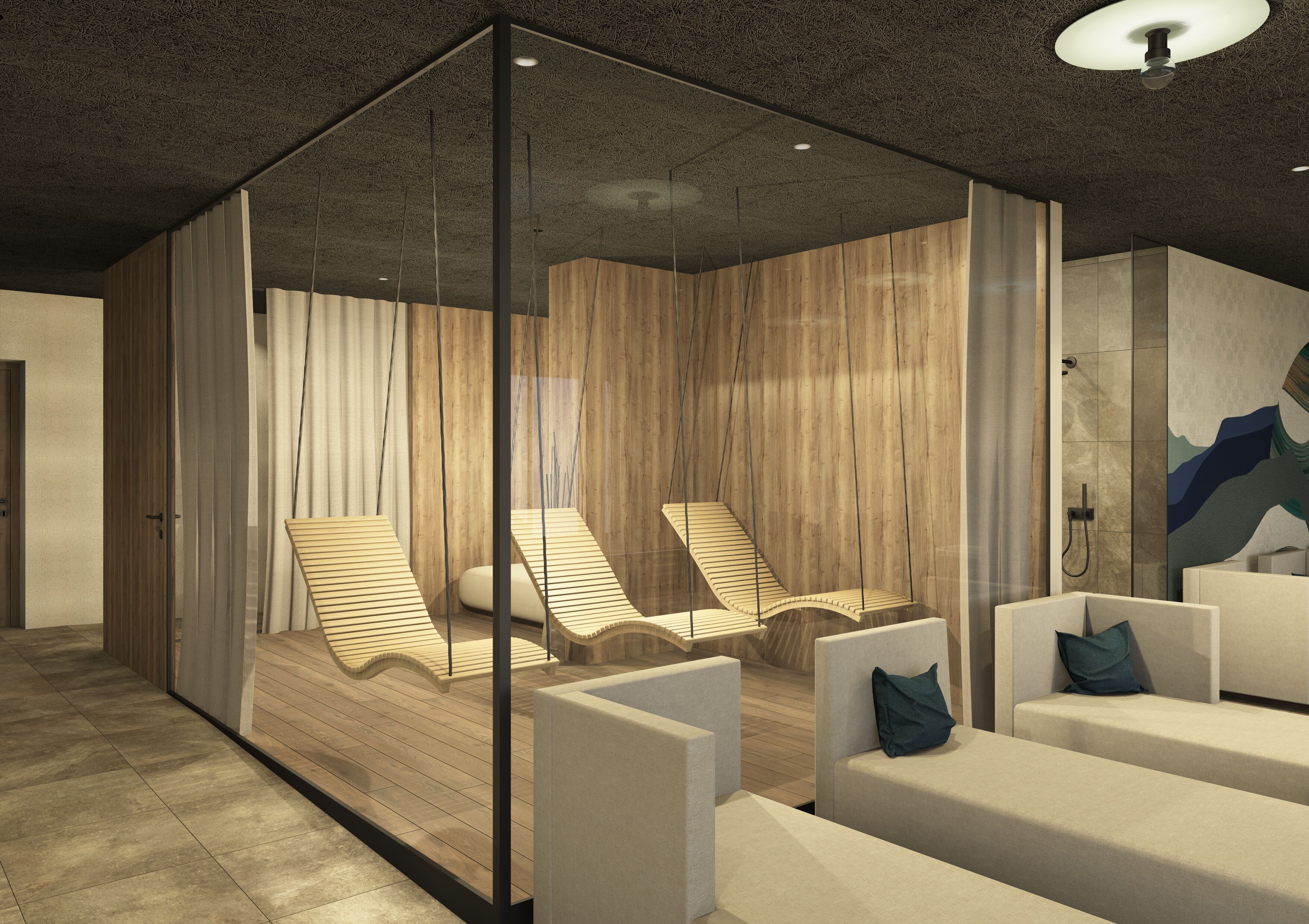 Una moderna spa con pareti in legno, una parete divisoria in vetro e un'area relax con poltrone imbottite.