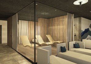 A modern spa room with wooden panel walls, a glass partition, and a seating area with cushioned chairs. - Aparthotel Kronplatz Luxury House (Valdaora)