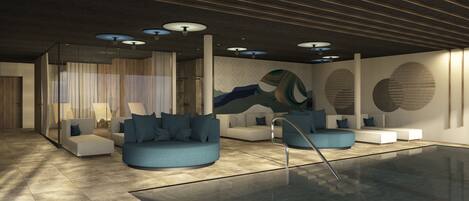 A modern interior with a glass pool, seating areas, and abstract wall art.