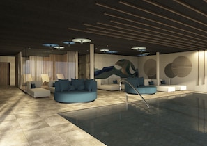 A modern interior with a glass pool, seating areas, and abstract wall art. - Aparthotel Kronplatz Luxury House (Valdaora)