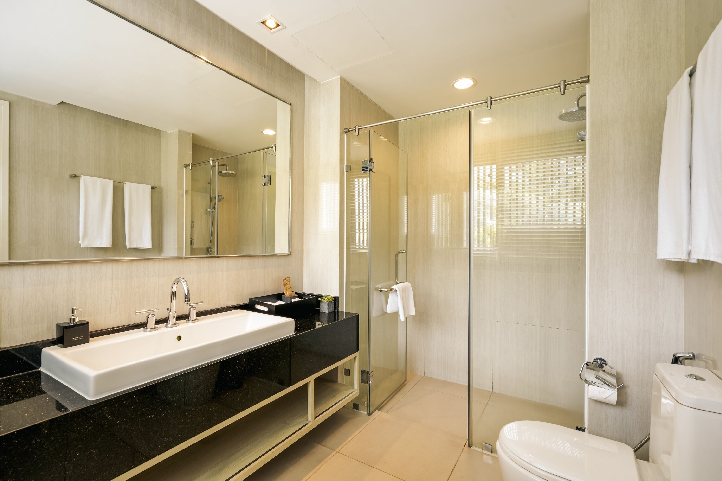A modern bathroom with a large sink, a glass shower enclosure, and a toilet.