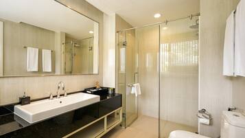 A modern bathroom with a large sink, a glass shower enclosure, and a toilet.