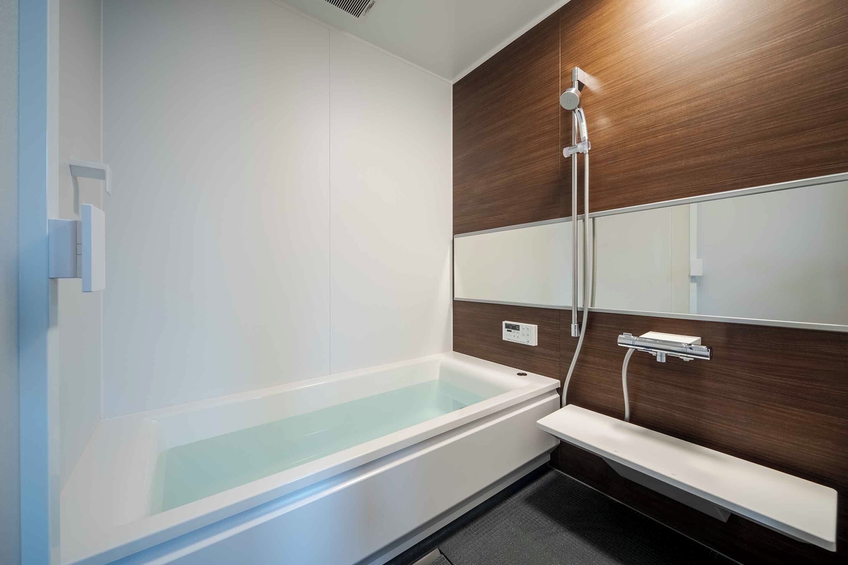 A modern bathroom with a bathtub, a shower, and a vanity with a mirror.