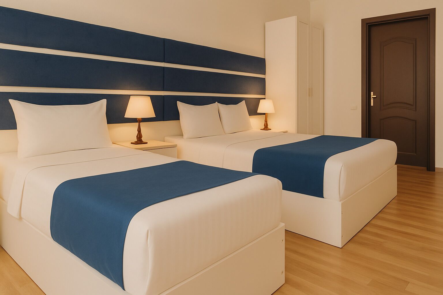 A hotel room with two beds, each with a blue blanket, white pillows, and bedside lamps.