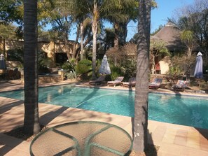 Outdoor pool, pool umbrellas, pool loungers