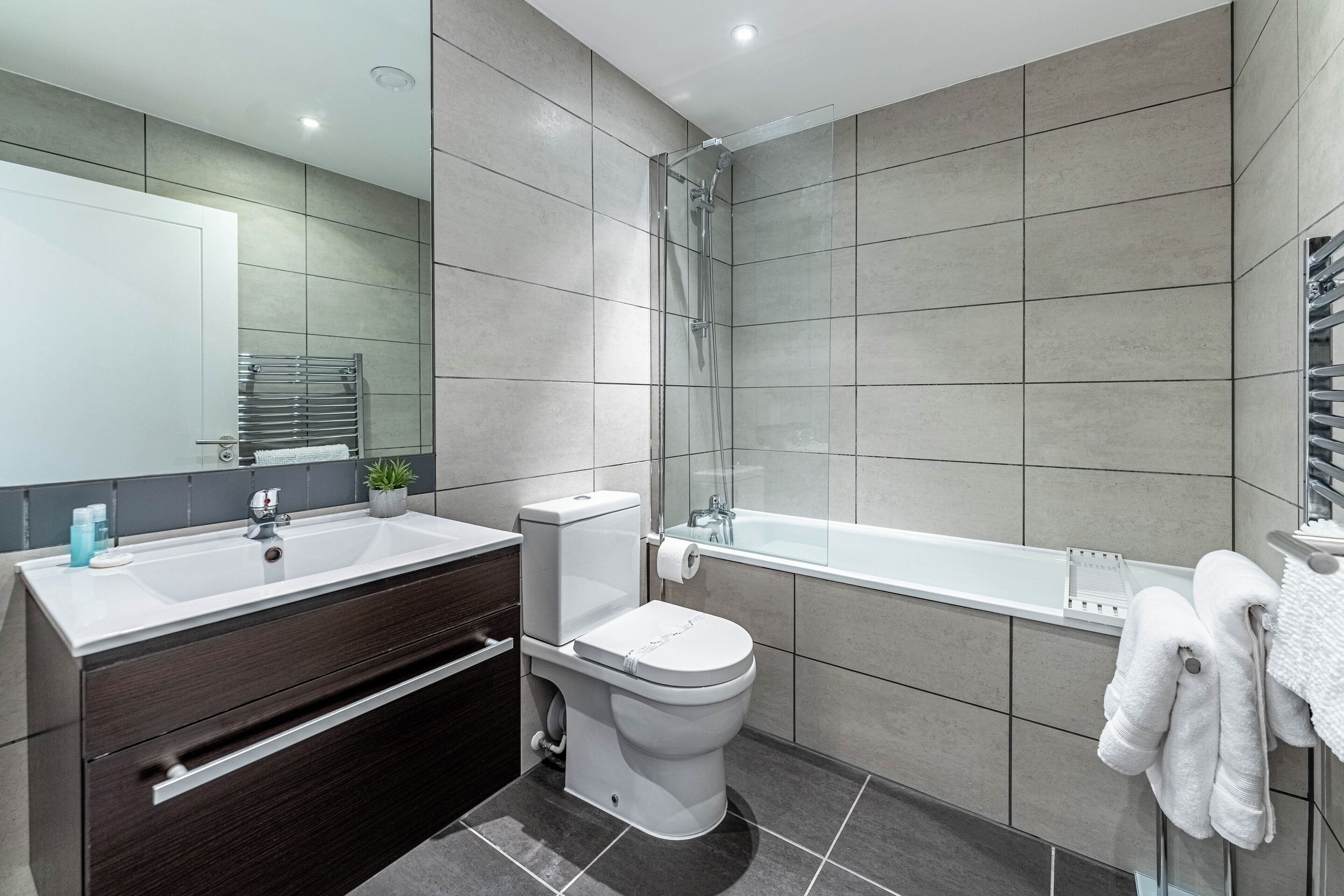 Combined shower/bathtub, free toiletries, hair dryer, towels