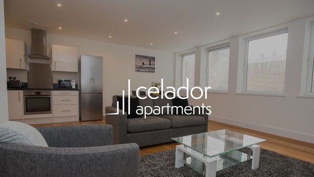 A modern apartment with a kitchen, living area, and large windows. - Celador Apartments - Sussex House Serviced Apartments (Reading)