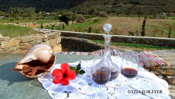 A table with a shell, a red flower, and two glasses of red wine set against a scenic mountain backdrop. - La Maison Vert Amande (Kea)