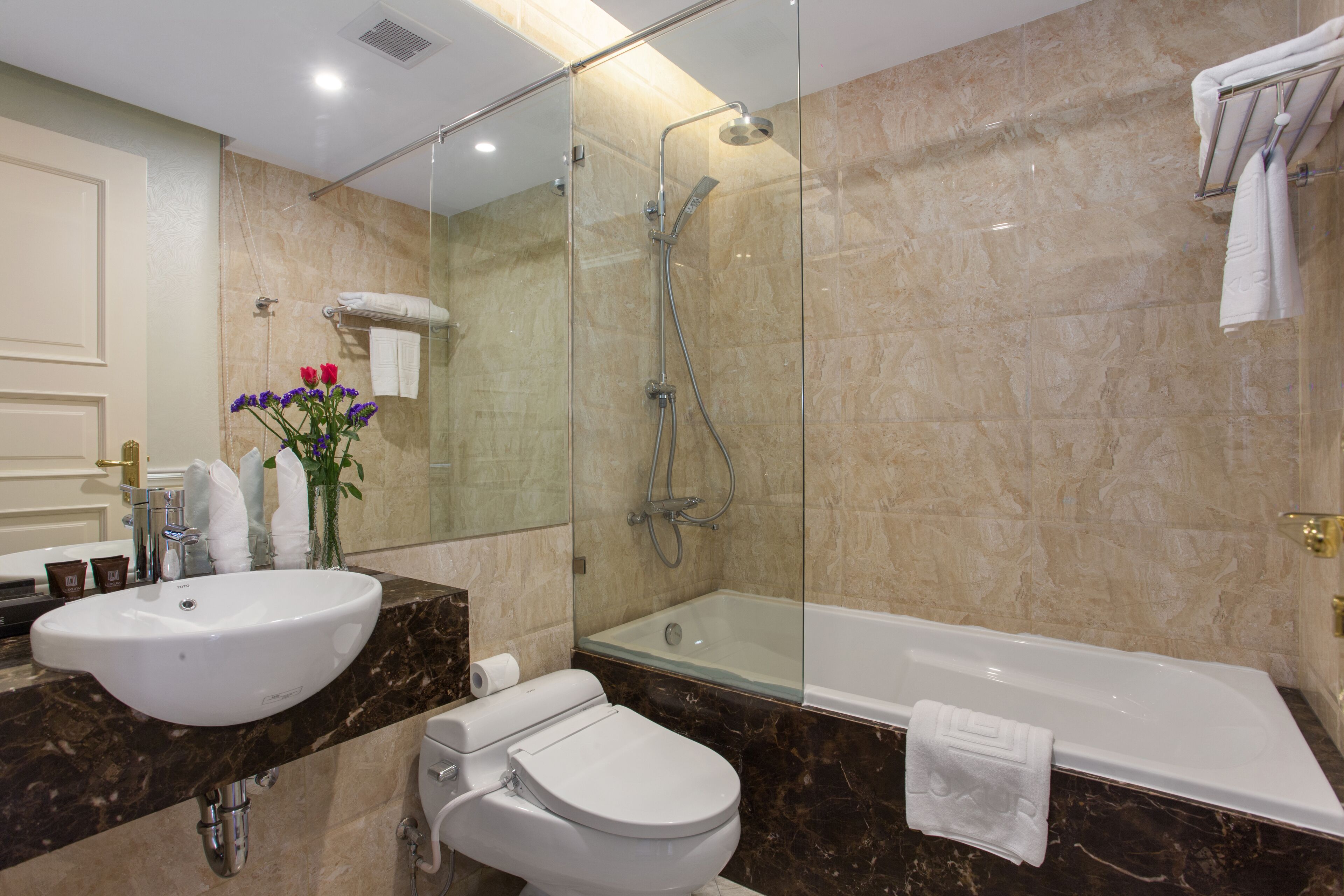 free toiletries, hair dryer, bathrobes, slippers