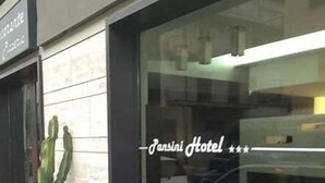 Ein Hotel Eingang mit einem Kaktus im Blumentopf, einem Schild mit der Aufschrift 'Jansini Hotel' und einem modernen Innenraum, der durch die Glasfassade sichtbar ist.