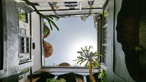 Un balcón pequeño y cerrado con barandillas metálicas, plantas en macetas y vista al cielo.
