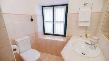 A bathroom with a toilet, sink, and window.