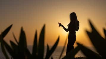 La silhouette d’une personne tenant un verre sur fond de coucher de soleil.