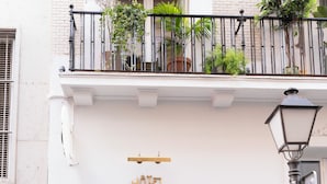 A hotel entrance with a modern design, a sign above the door, and a small balcony with plants. - Hotel du Temps Madrid (Madrid)