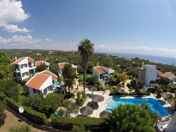 Relax by the pool surrounded by lush greenery and palm trees, with sun loungers and umbrellas at your disposal.