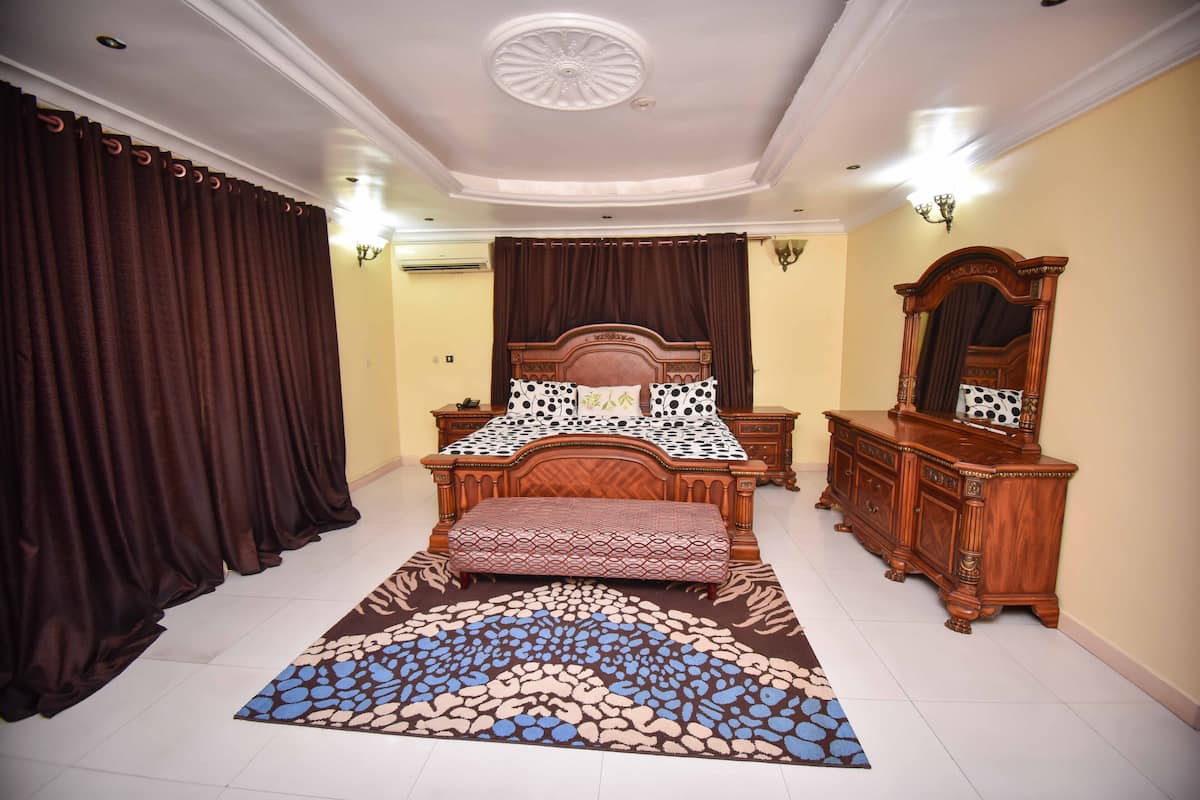 A bedroom with a large bed, a wooden dresser, a mirror, and a patterned rug.