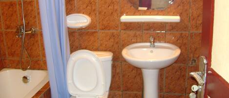 Un baño con inodoro, lavamanos y ducha.