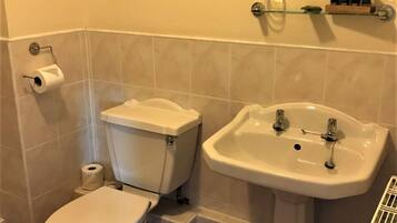 A bathroom with a toilet, sink, and mirror.