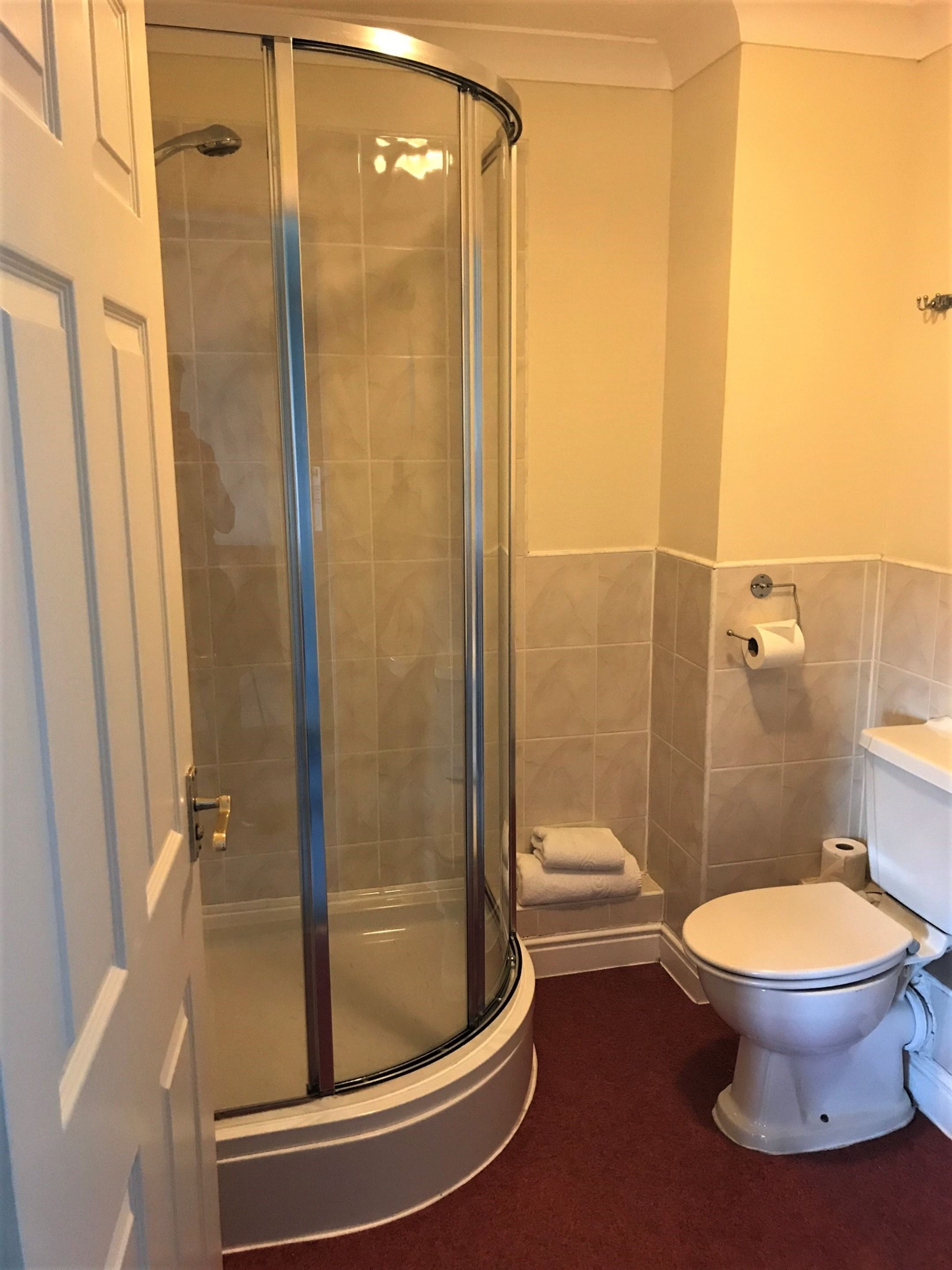 Un baño con cabina de ducha de vidrio, inodoro y barra para toallas.
