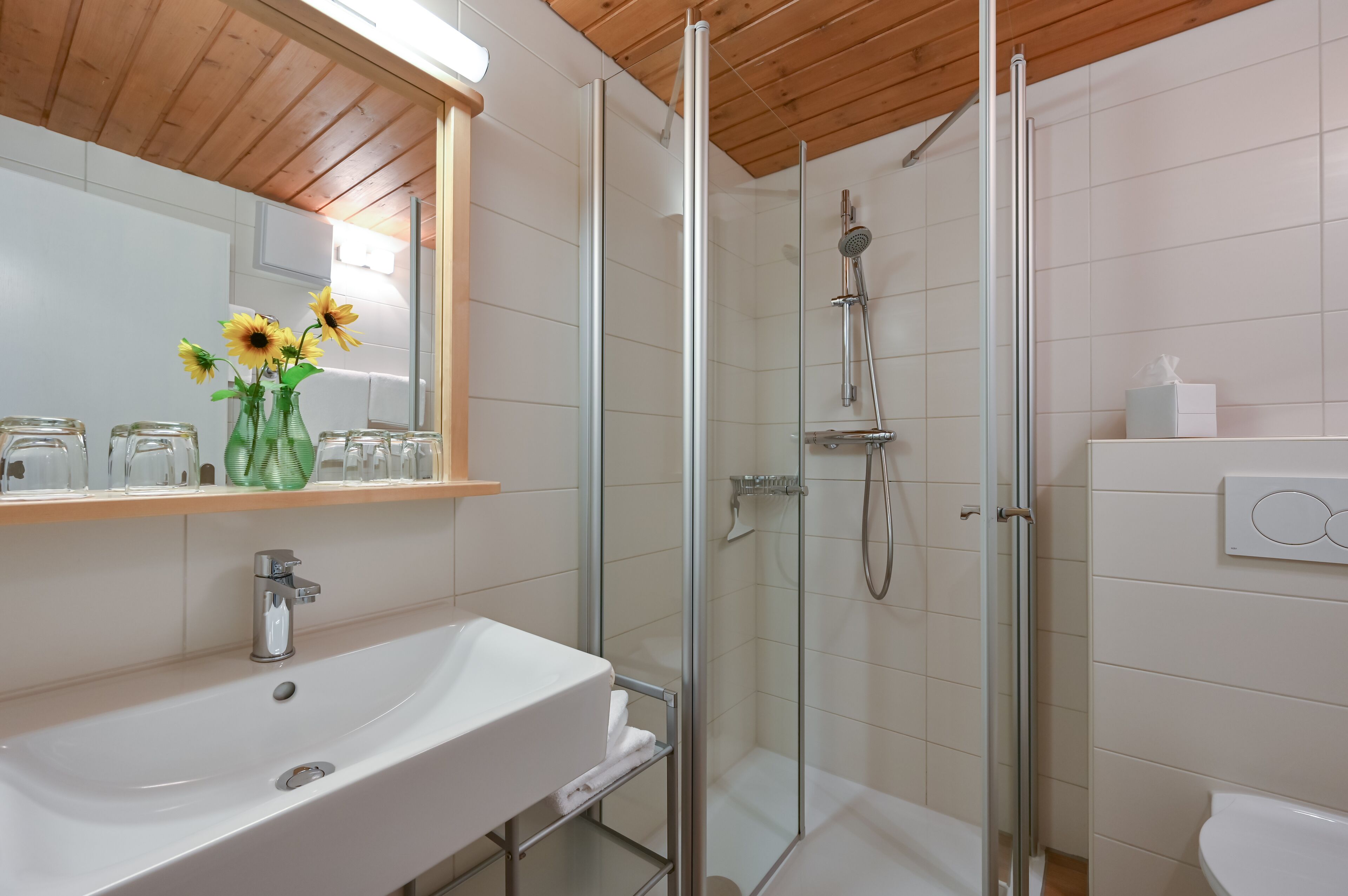 A modern bathroom with a glass-enclosed shower, a white sink, and a mirror above it.
