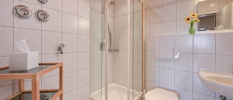 Ein Badezimmer mit Duschkabine, Toilette und Waschbecken.