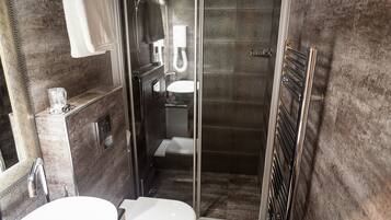 Un baño moderno con ducha envuelta en cristal, inodoro independiente y lavamanos empotrado.