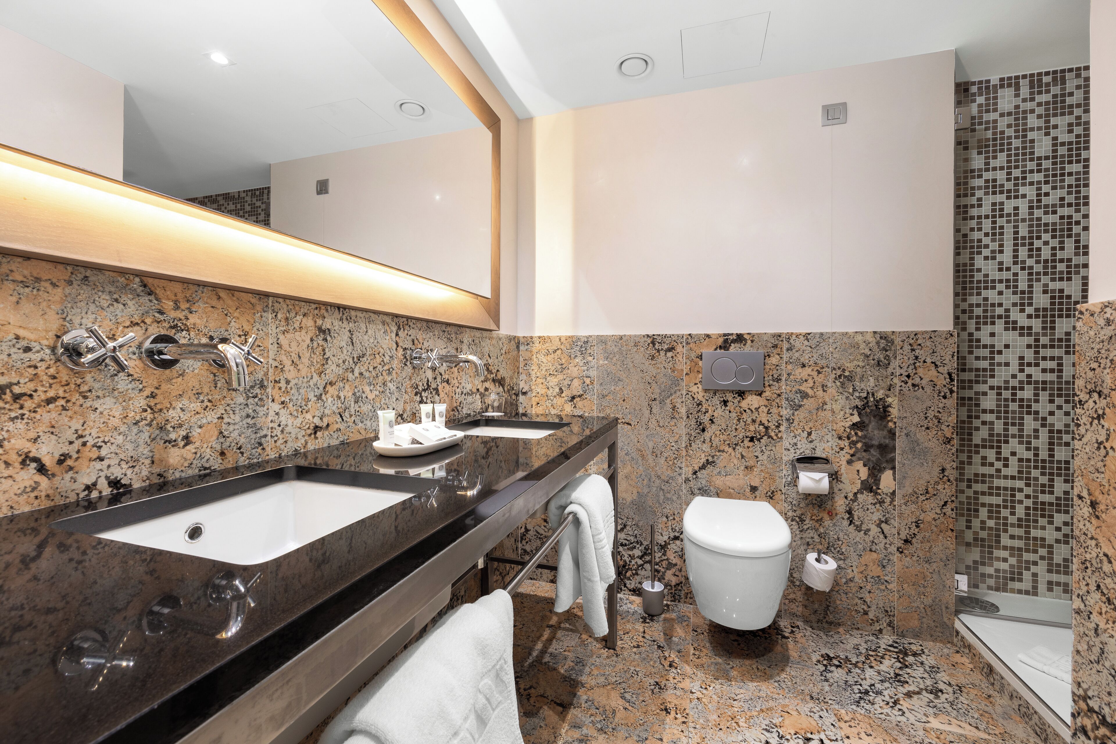 Ein modernes Badezimmer mit zwei Waschbecken, einer Toilette und einer Dusche.