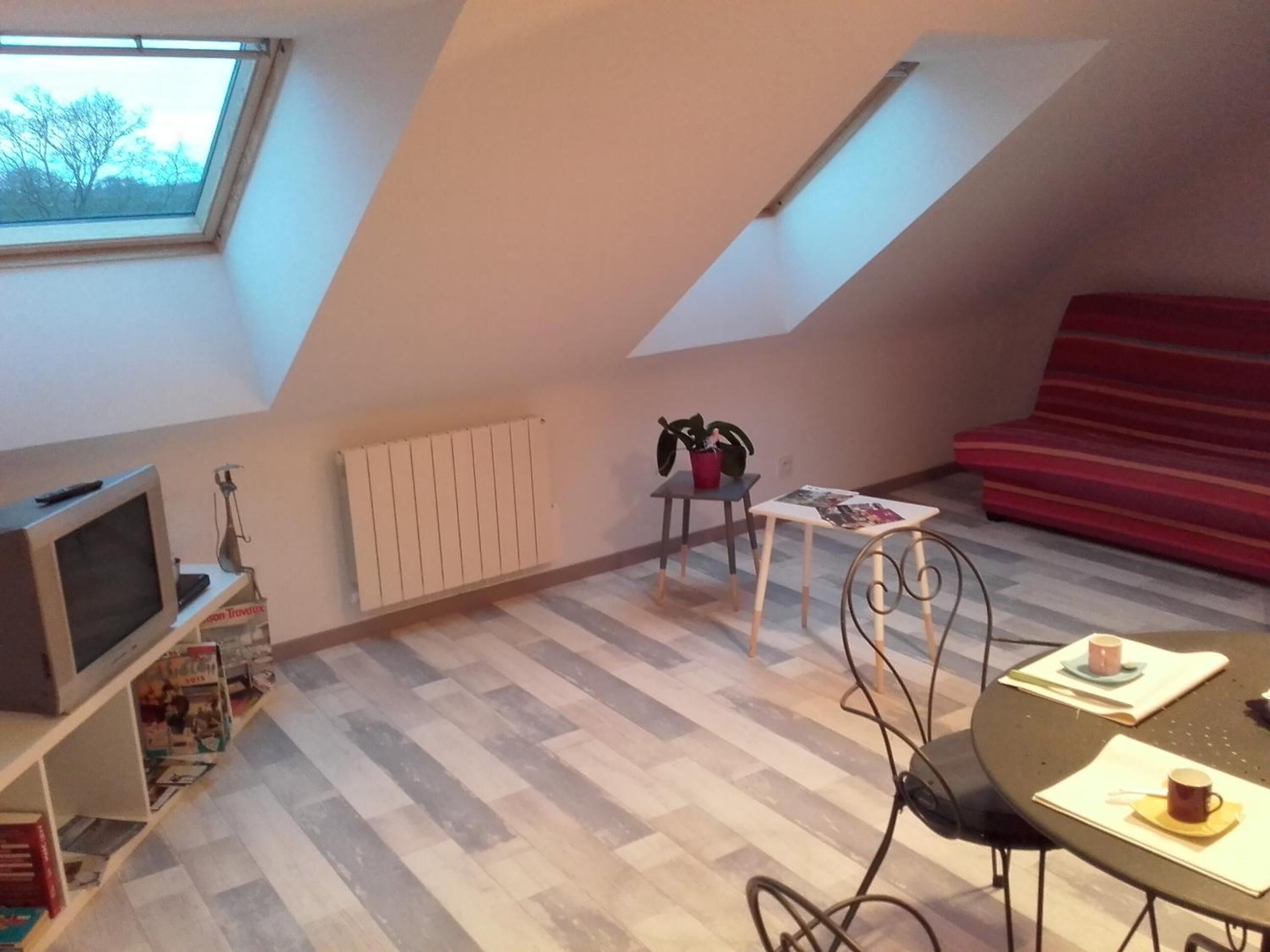 A small, cozy room with a sloped ceiling, a red sofa, a dining table with chairs, a small table with a plant, and a radiator.