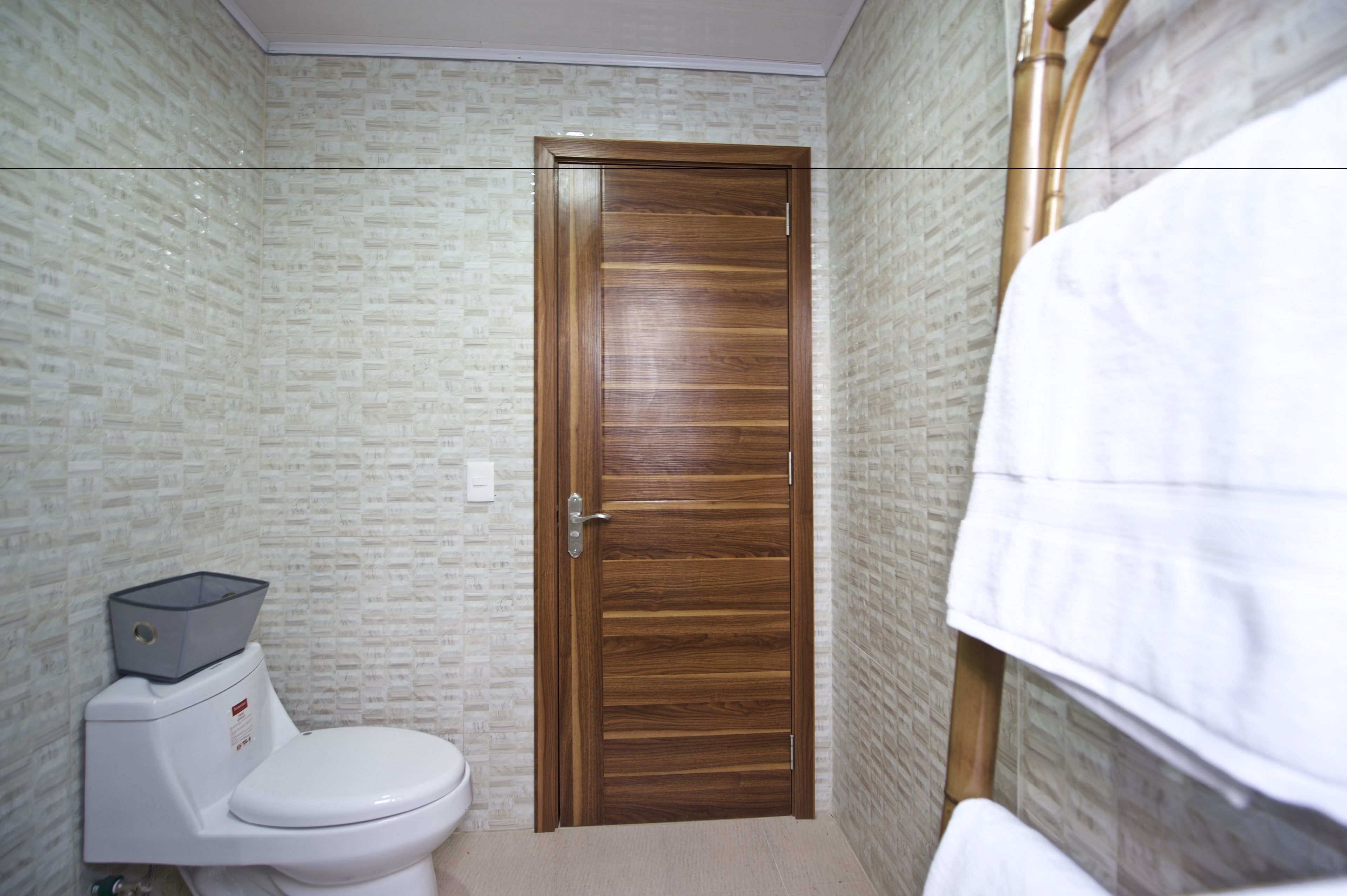 A bathroom with a wooden door, a toilet, and a towel rack.