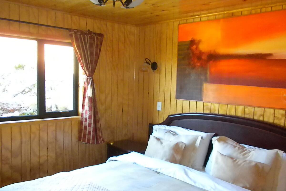 A wooden room with a bed, a window with curtains, and a wall-mounted lamp.
