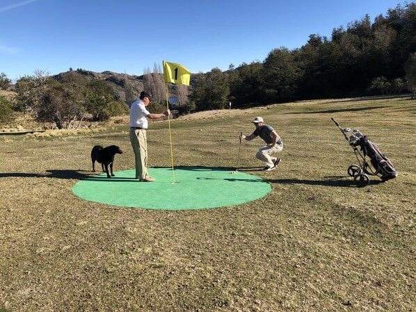 Campo de golf con un tee verde, una bandera y un bolso de golf.