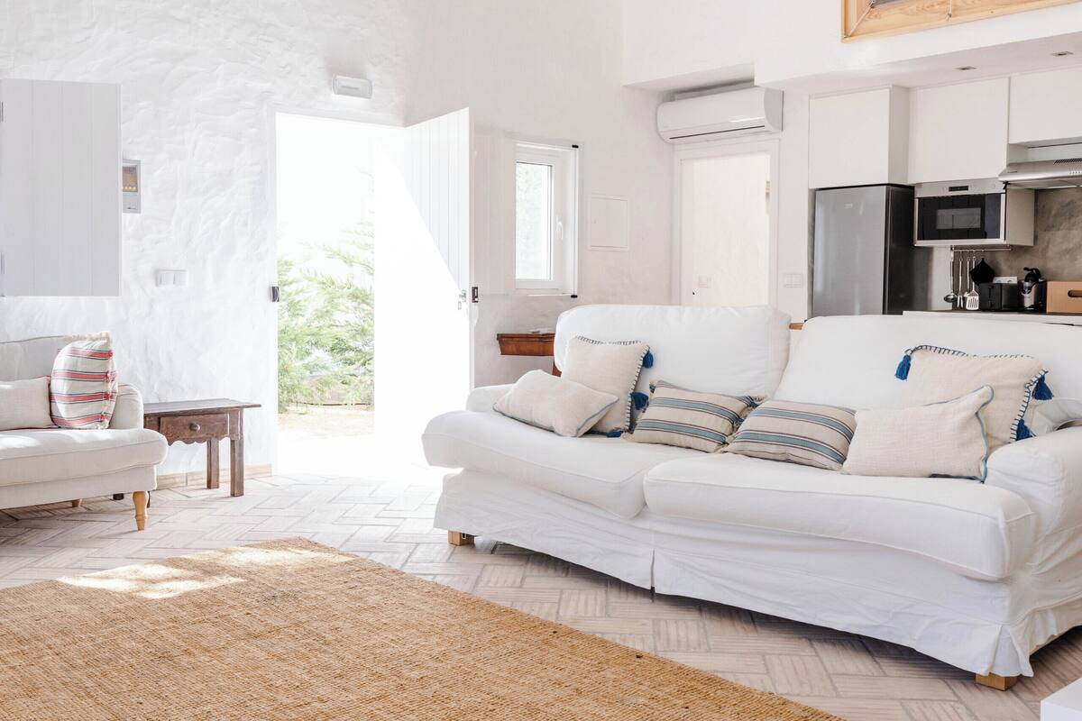 Un salon spacieux avec un canapé blanc, un tapis tissé et un tableau accroché au-dessus du canapé.