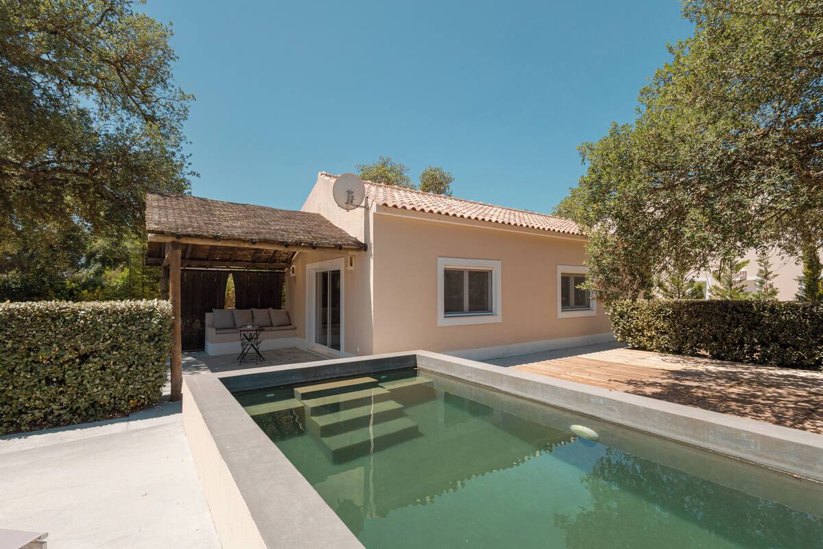 Une maison moderne dotée d’une piscine, d’un patio et d’un espace extérieur aménagé et couvert.