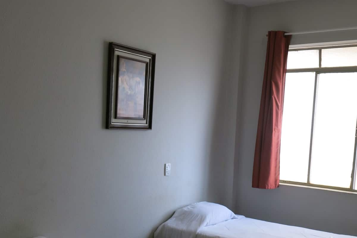Una habitación con dos camas individuales, un cuadro en la pared, una ventana con cortinas rojas y una lámpara en el techo.