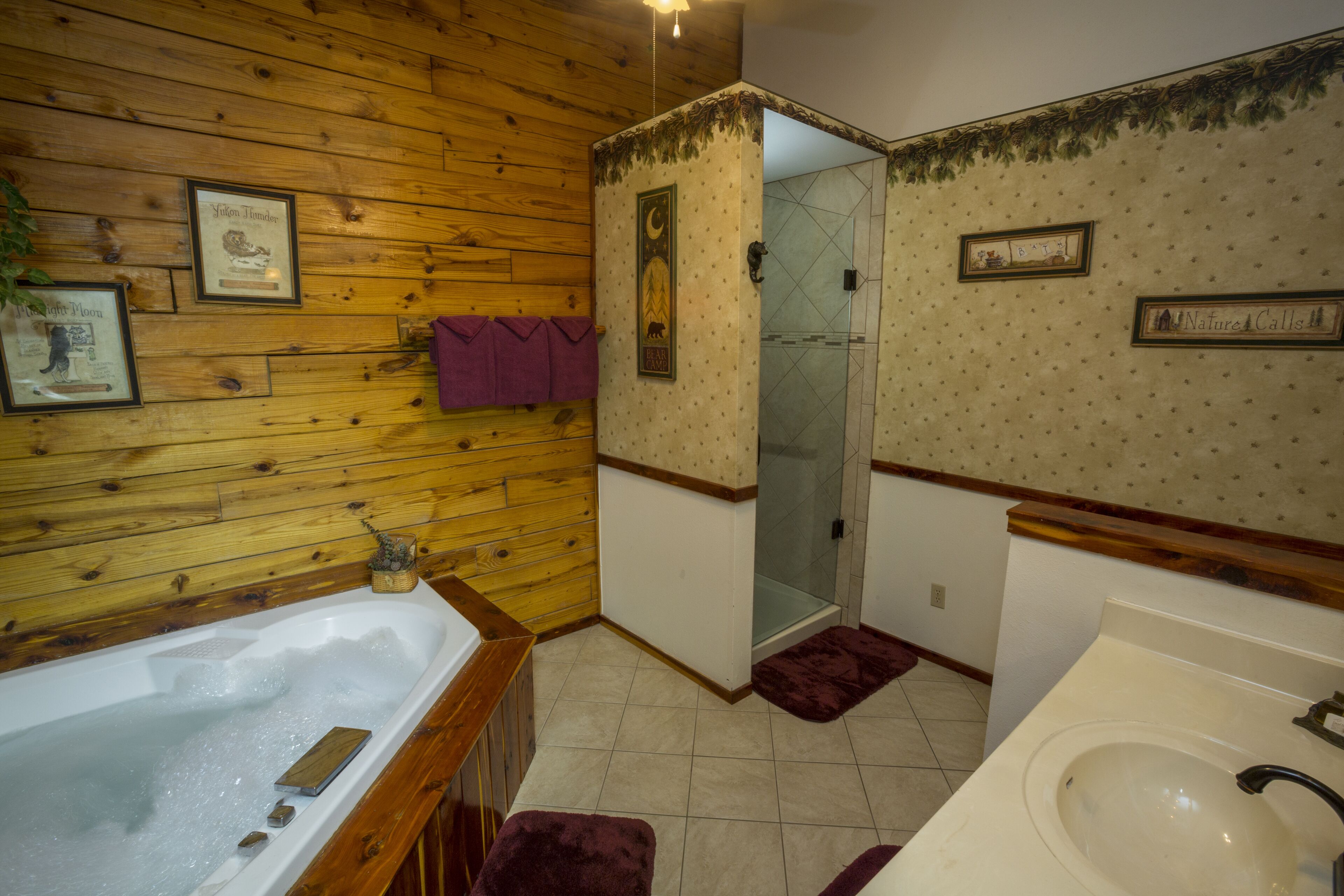 Une salle de bain avec des murs en bois, une baignoire, une douche et un lavabo.