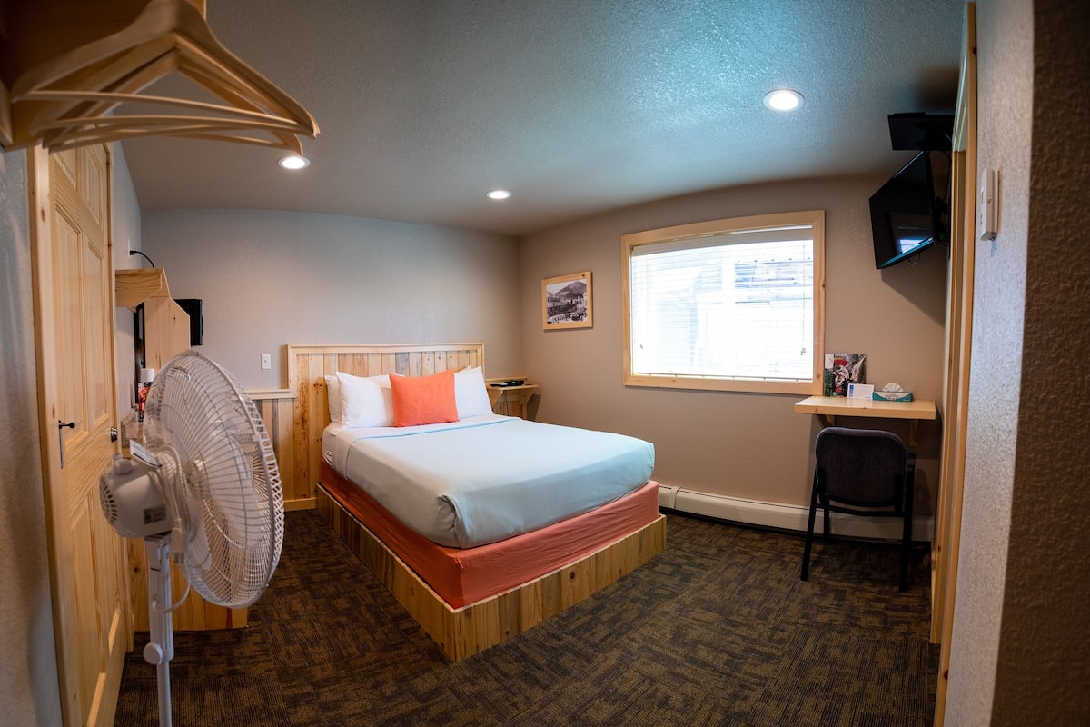 A bedroom with a bed, a desk, a chair, a fan, and a window.