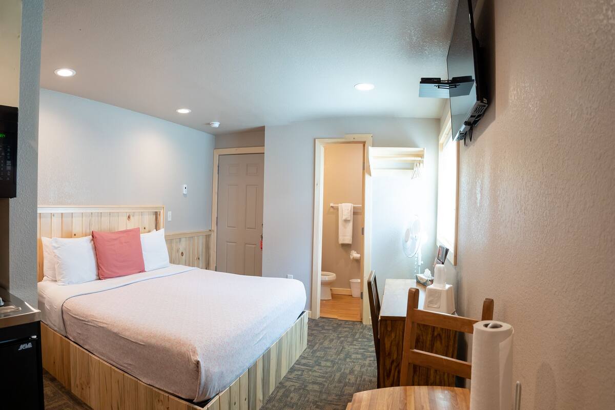 A hotel room with a bed, a desk, a chair, a toilet, and a TV mounted on the wall.