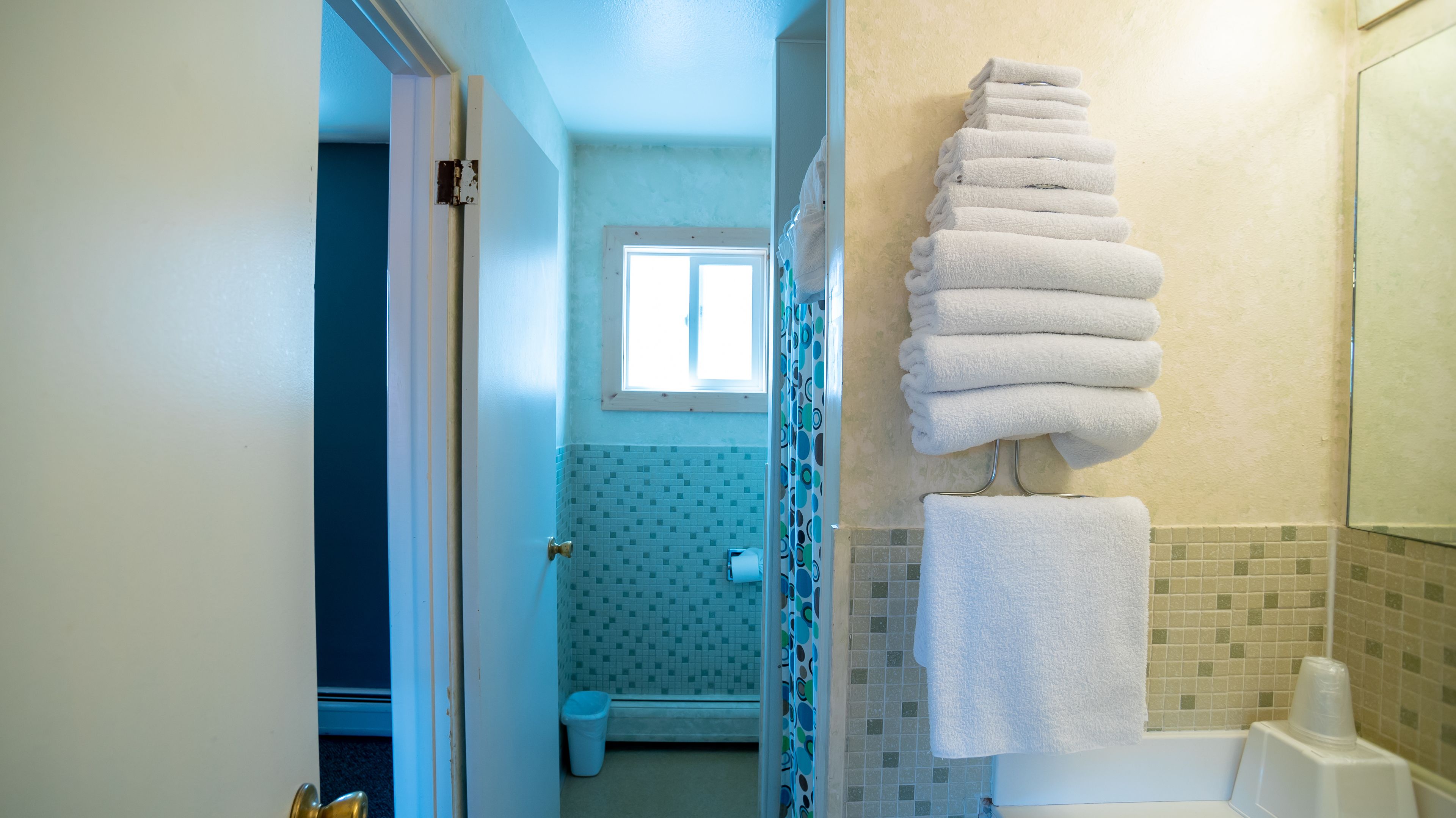 A bathroom with a tiled shower, a toilet, and a sink.