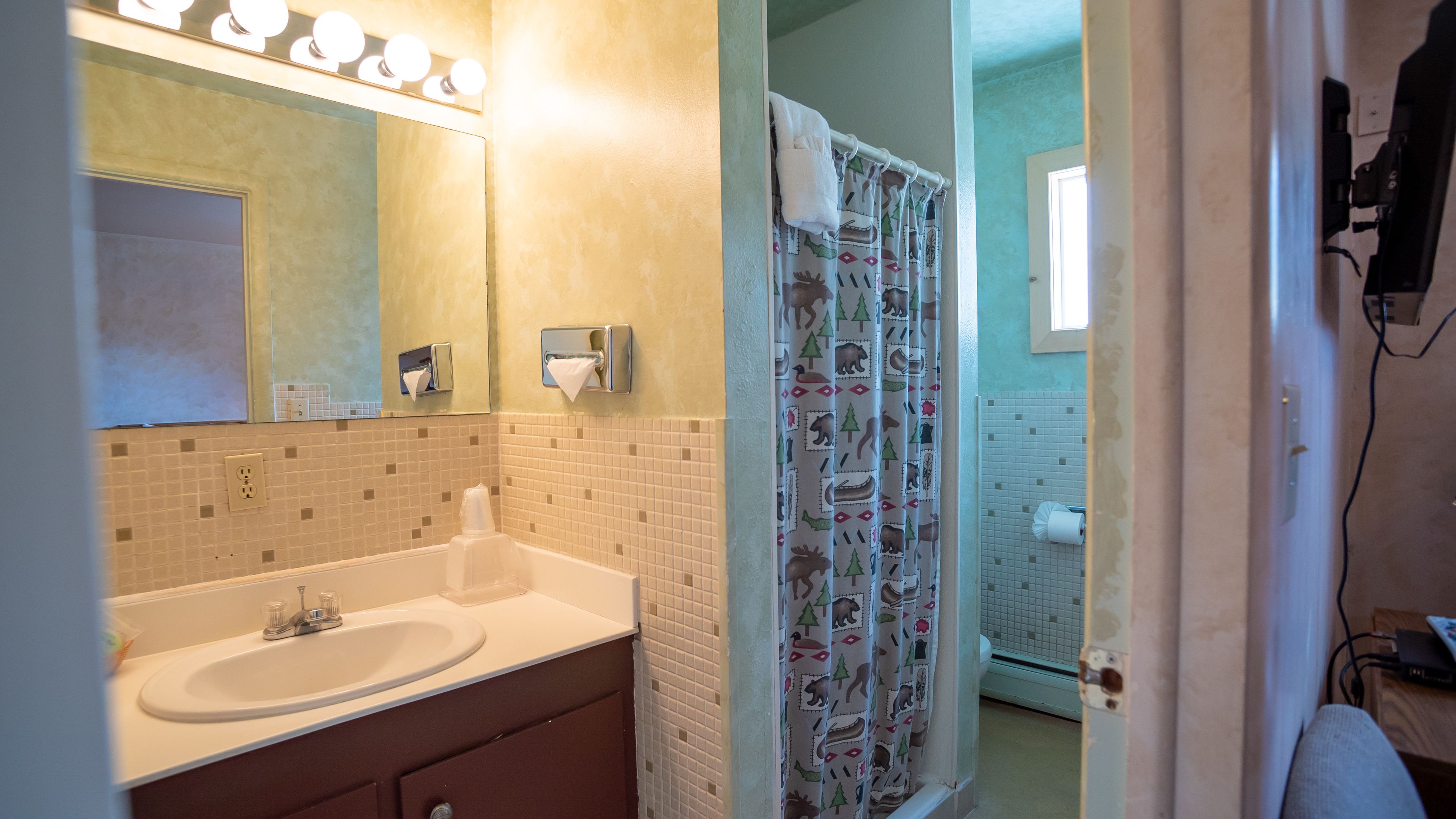A bathroom with a sink, mirror, and towel rack.