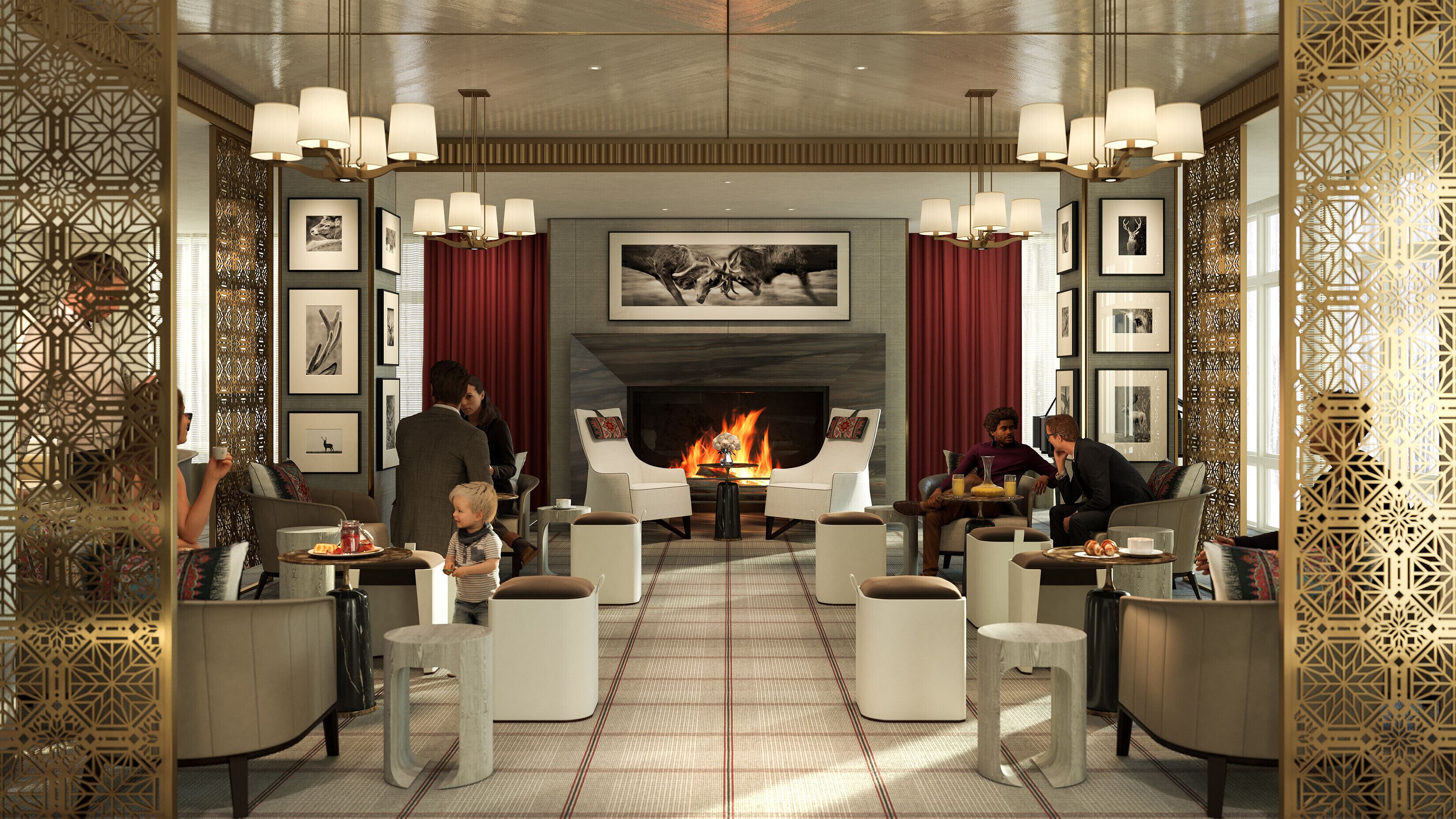 A modern lounge area with a fireplace, seating arrangements, and decorative elements.