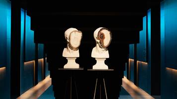 A hallway with two bust sculptures on pedestals, a dark floor, and blue illuminated walls.