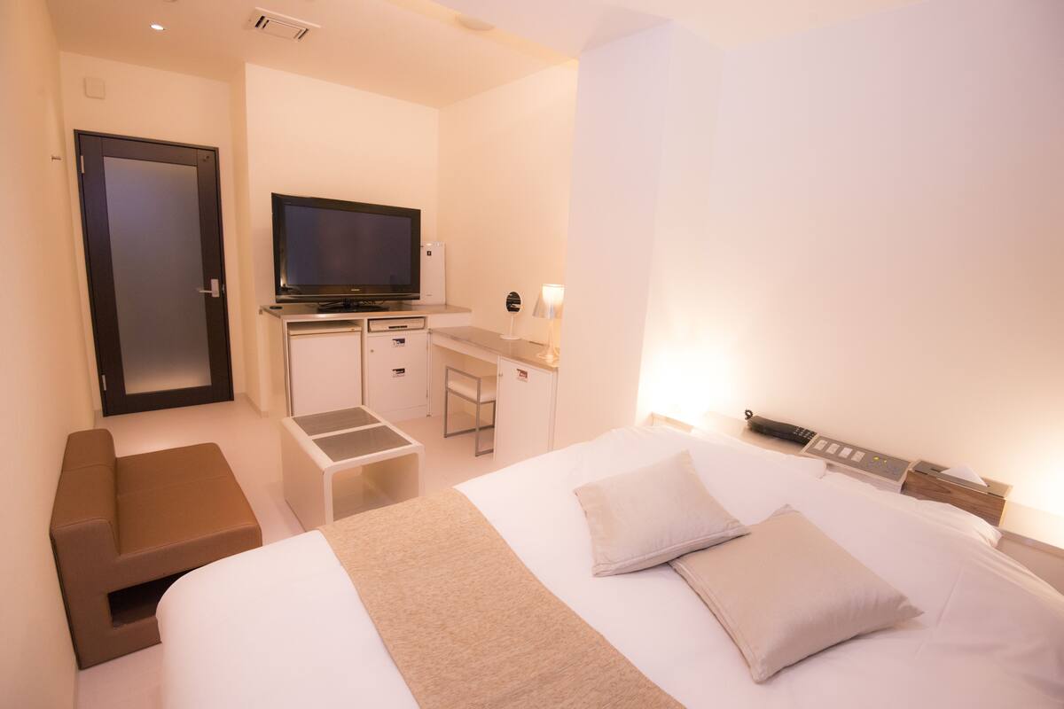 Una habitación de hotel con una cama, un escritorio, un televisor y una puerta.