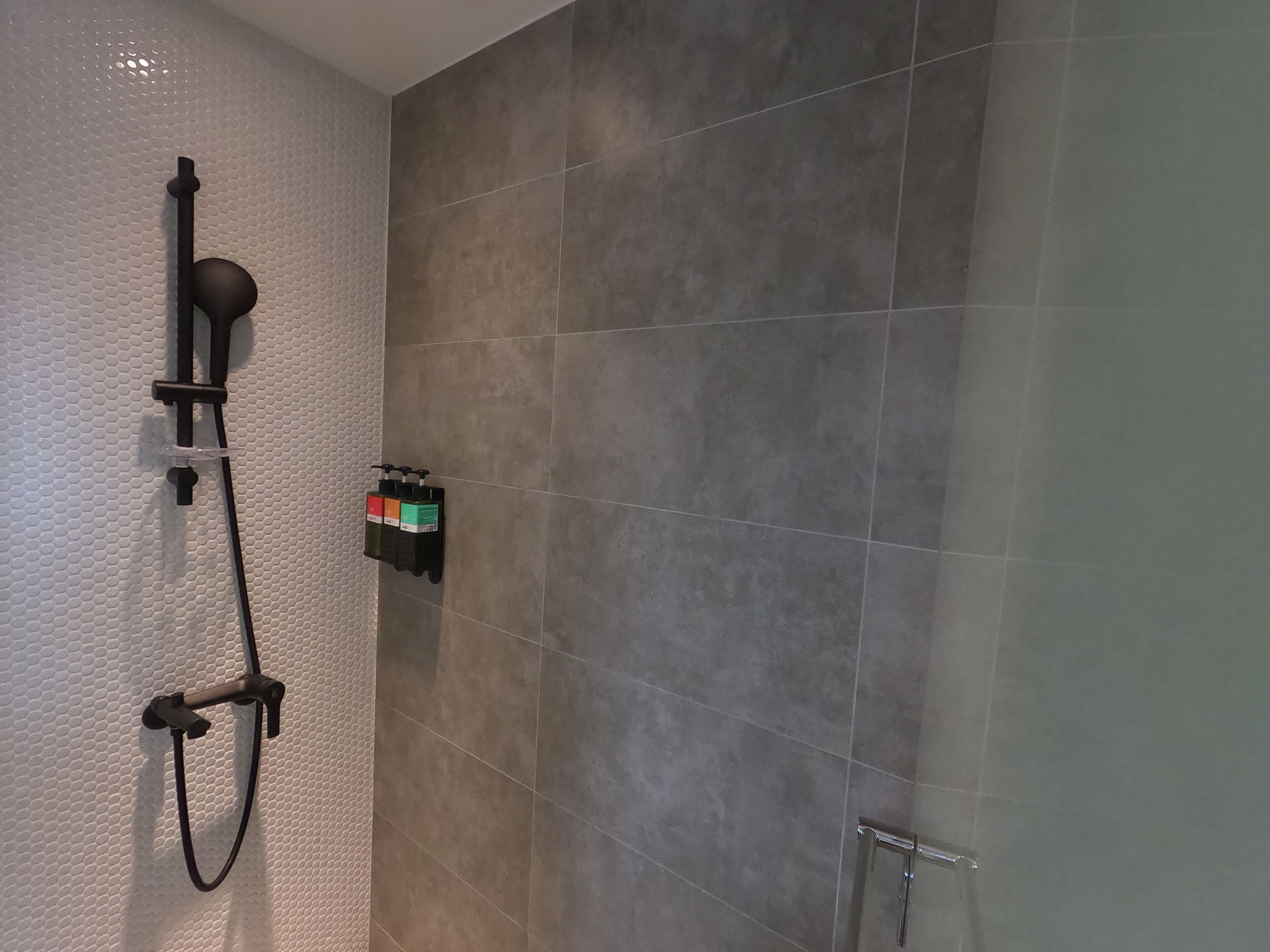 A bathroom with a shower, a towel rack, and a soap dispenser.