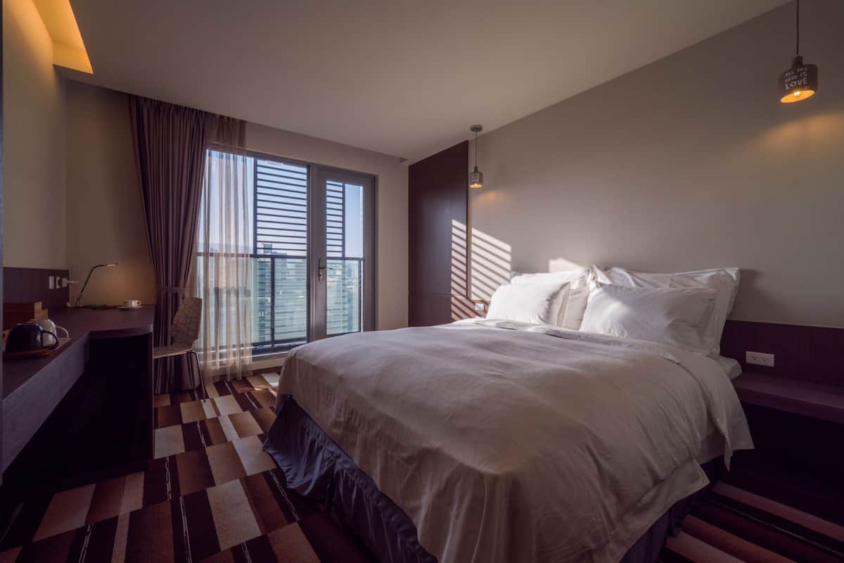 Down comforters, desk, blackout drapes, soundproofing