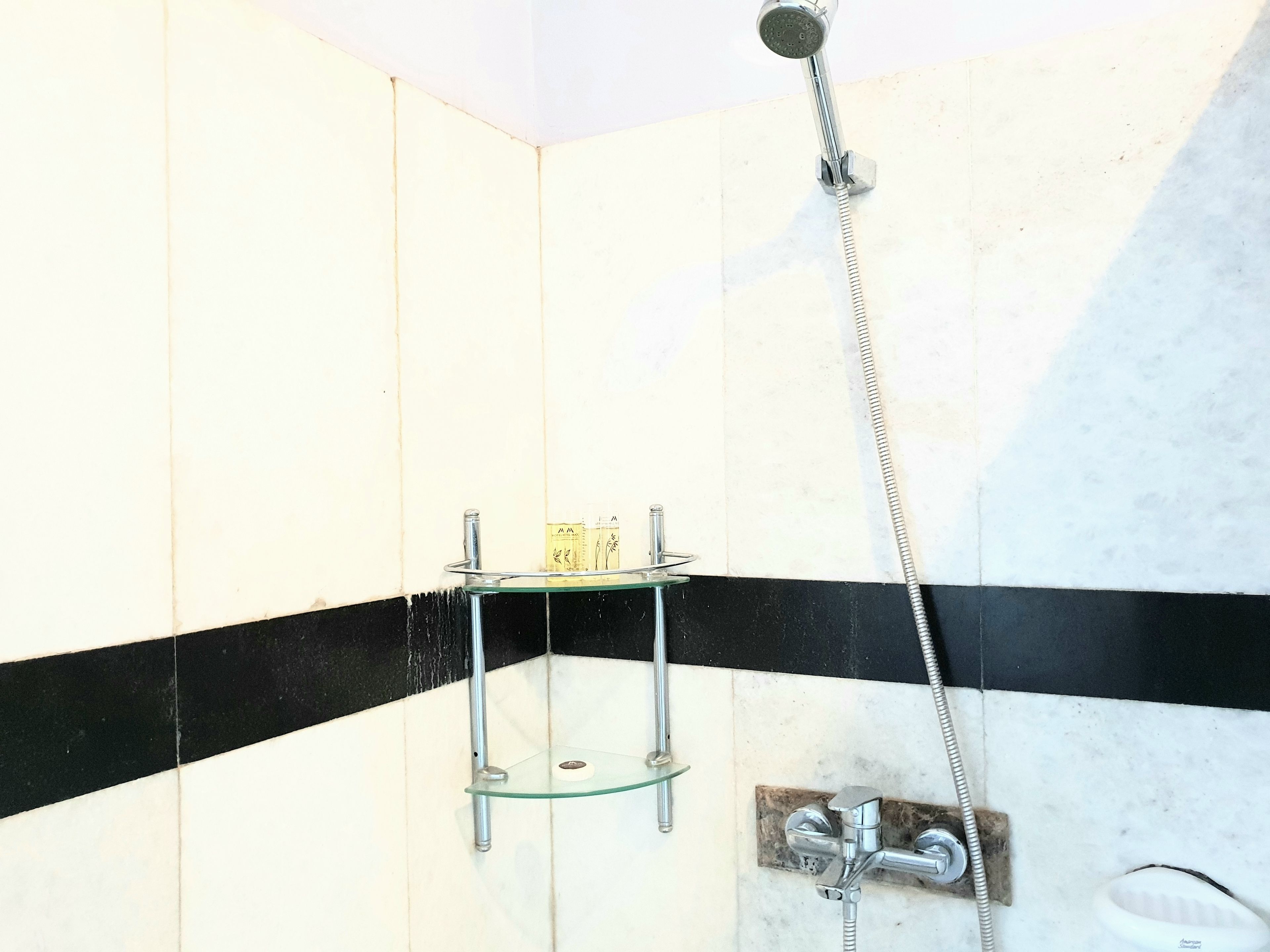 A bathroom with a glass shelf, a shower, and a black stripe on the wall.