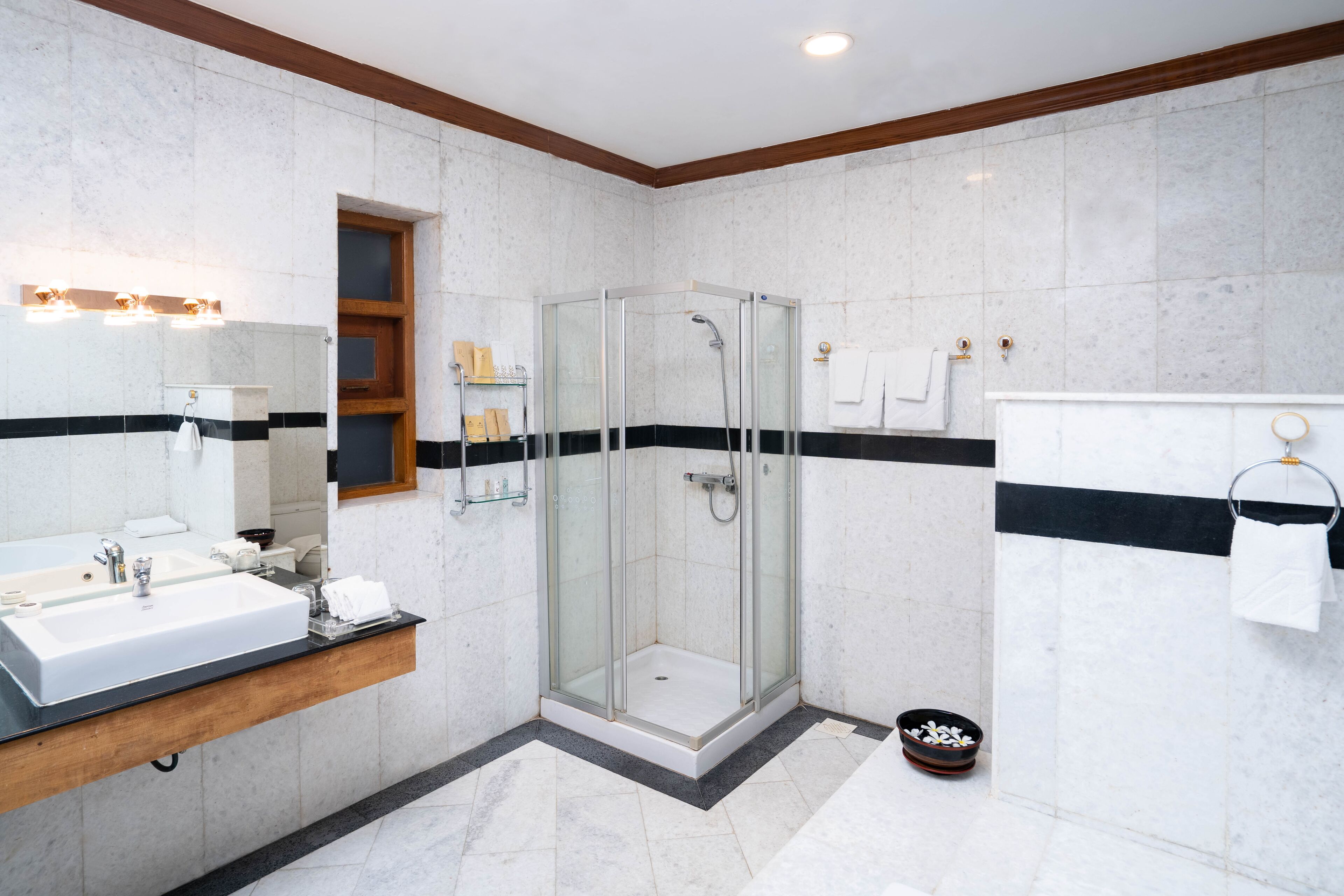 Une salle de bain moderne avec une douche à parois de verre, un grand lavabo avec un meuble-vasque et un miroir.