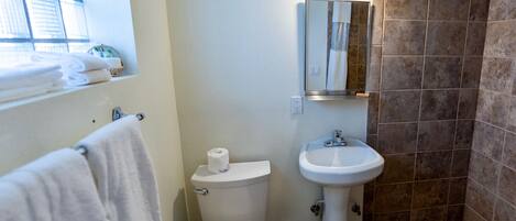 A bathroom with a toilet, sink, and shower.